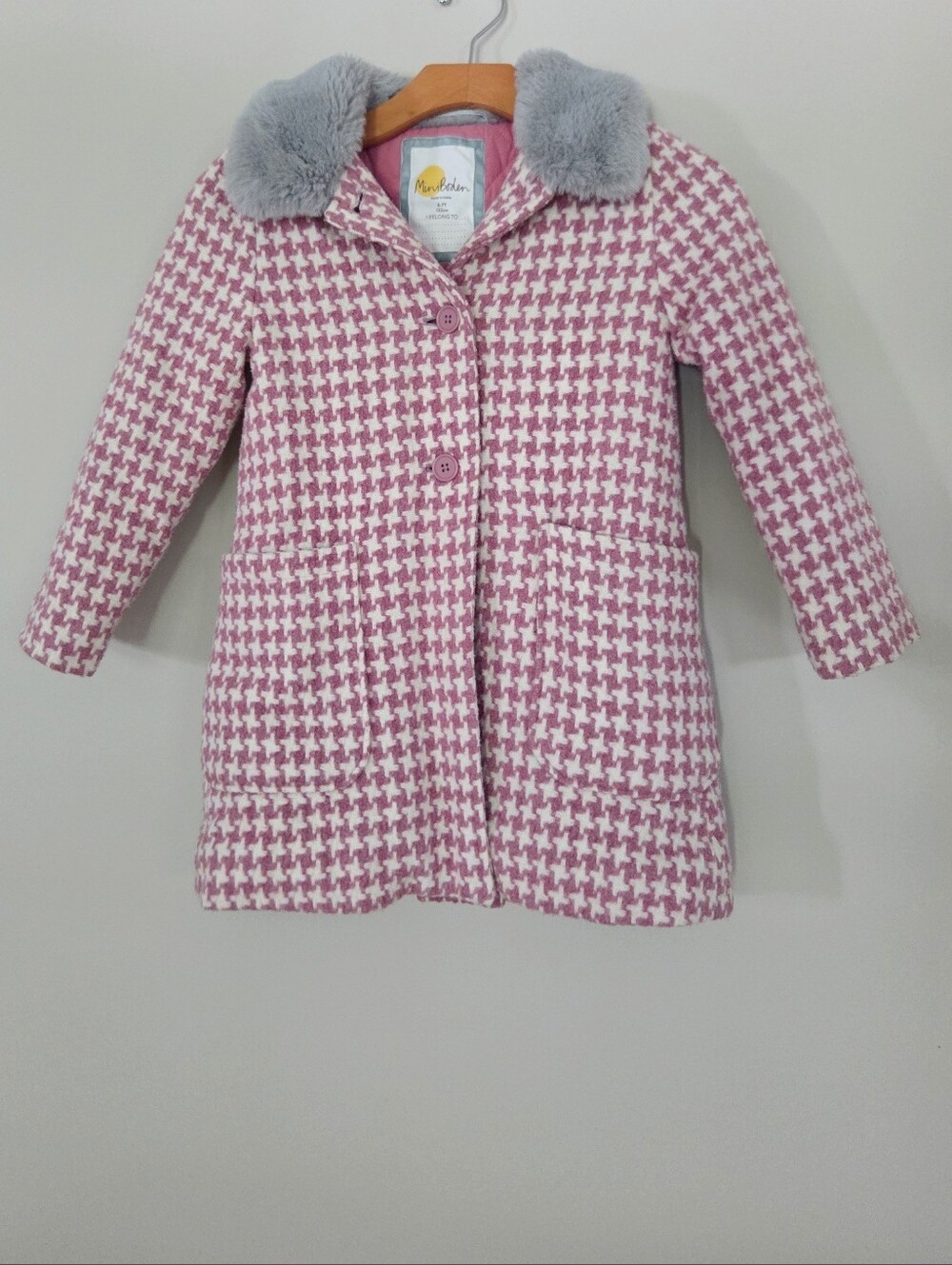 Mini Boden Pink & Cream Wool Coat with Faux Fur Collar 6-7y